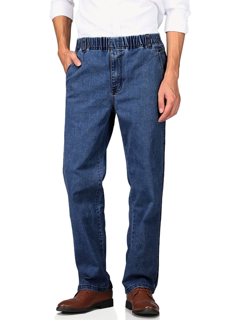 Soojun Mens Casual Loose Fit Elastic Waist Denim Pants, Indigo, 34W x 30L - Image 3